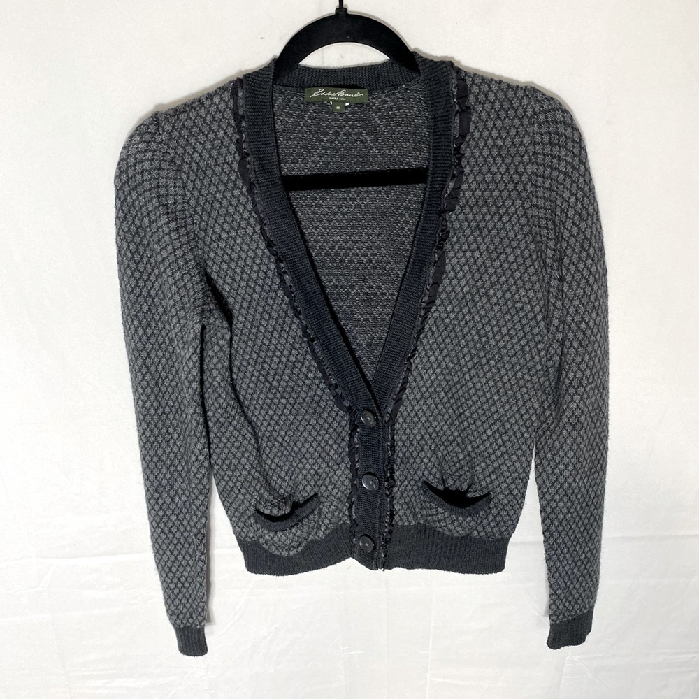 Eddie Bauer Grey Cotton Merino Wool Blend Diamond Knit Cardigan W Ruffle Trim M
